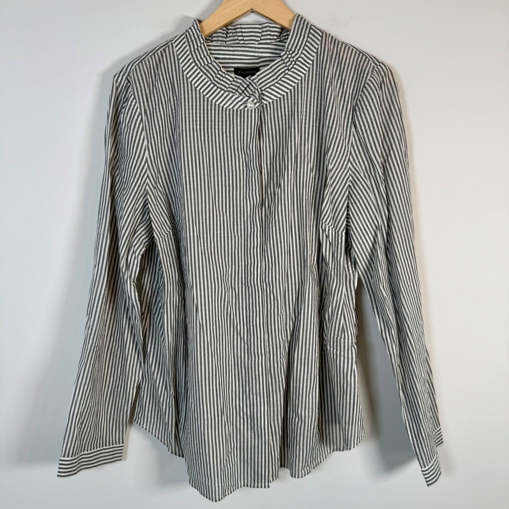 NEW Talbots Striped Ruffle Neck Button Up Shirt Large Gray White 100% Cotton NWT